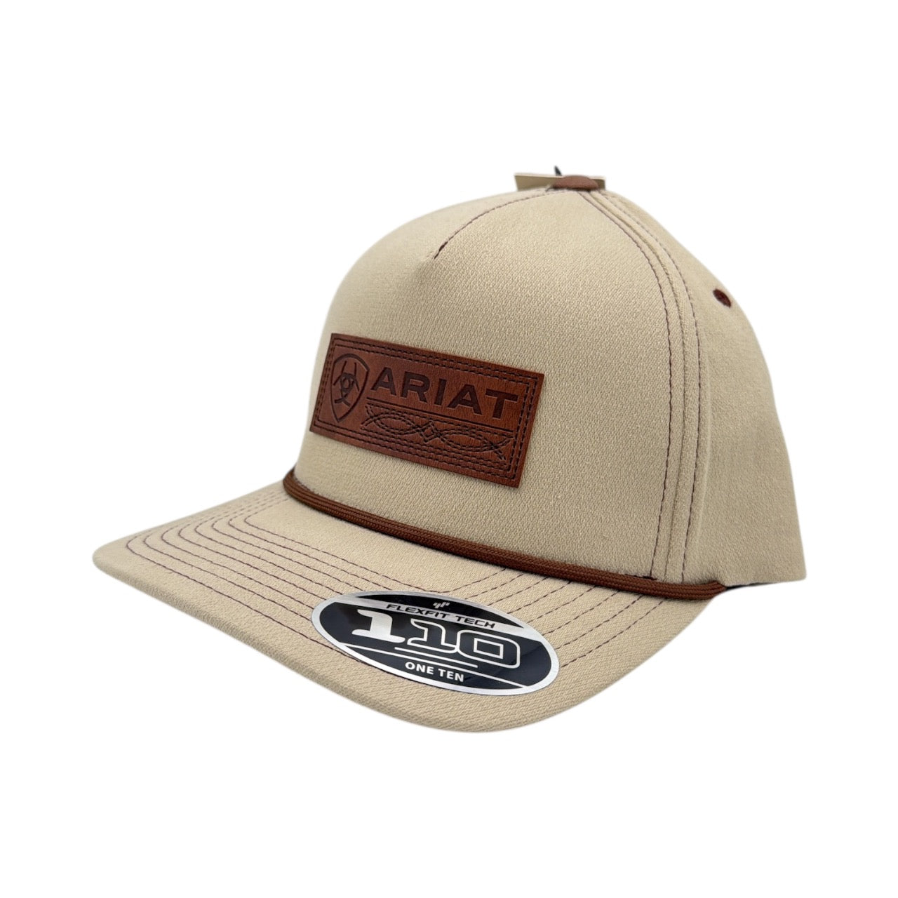 ARIAT MENS FLEXFIT 110 CAP SNAPBACK FAUX LEATHER PATCH KHAKHI