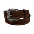 Ariat men's 1-1/2" brown floral stamped leather belt with white stitching and silver buckle.