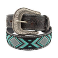 Ariat men's black leather belt with blue, black, grey embroidered diamond inlay and engraved silver buckle.