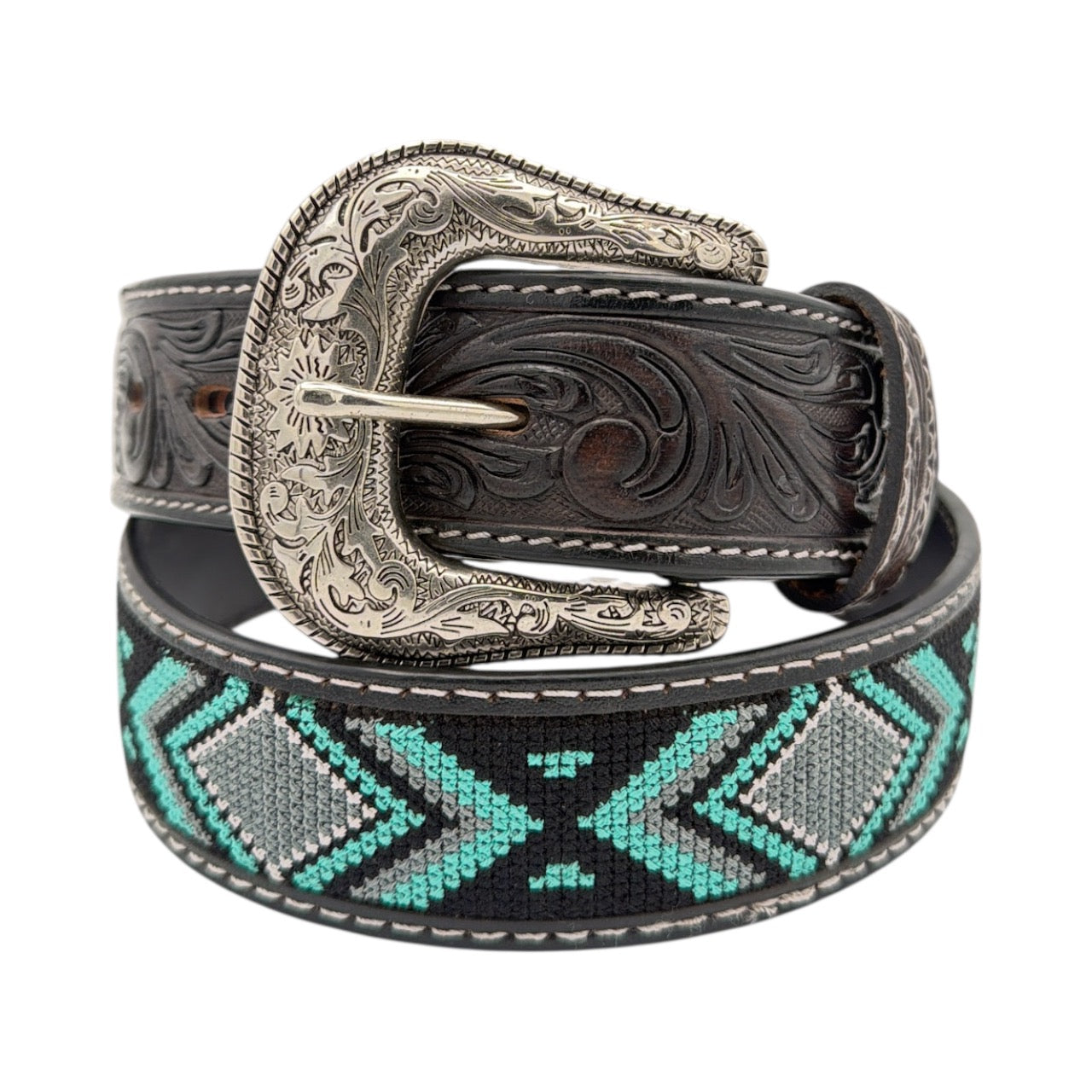 Ariat men's black leather belt with blue, black, grey embroidered diamond inlay and engraved silver buckle.