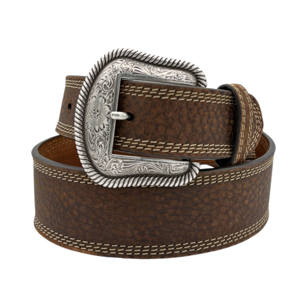 Ariat men's brown rowdy leather belt with triple stitched edge and antique silver floral buckle.