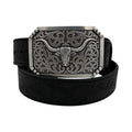 Black 100% leather men's belt with floral embossing and a silver longhorn buckle.