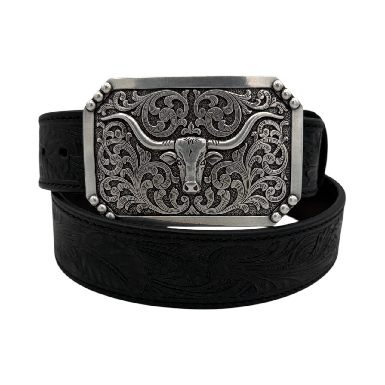 Black 100% leather men's belt with floral embossing and a silver longhorn buckle.