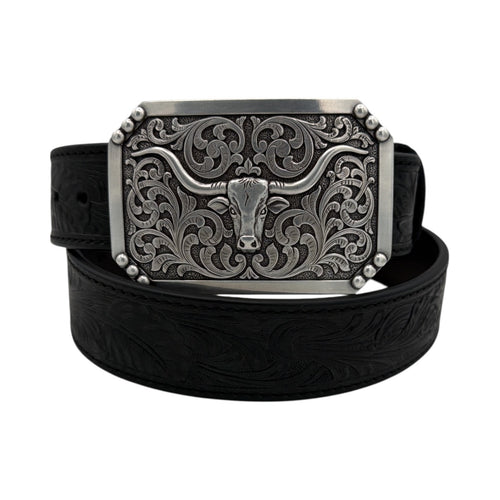 Black 100% leather men's belt with floral embossing and a silver longhorn buckle.