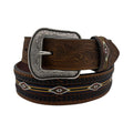 Brown genuine leather men's western belt with tooled tabs, silver buckle, and woven southwestern design.