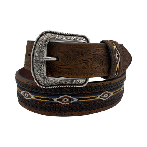 Brown genuine leather men's western belt with tooled tabs, silver buckle, and woven southwestern design.