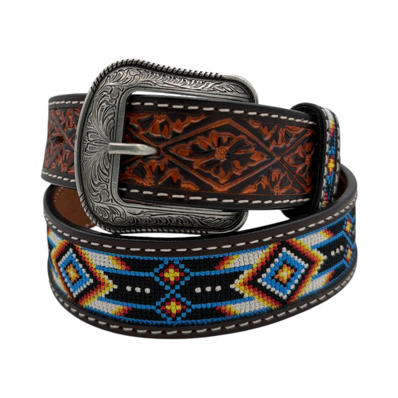 Brown leather western belt with silver buckle, embroidered Aztec pattern, and hand-tooled details.