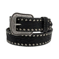 Black 1 1/2" men's western belt with floral tooling, white bucklace stitching, and a silver buckle.