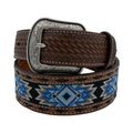 Brown leather western belt with blue diamond inlay, basket weave, and engraved antique silver buckle.