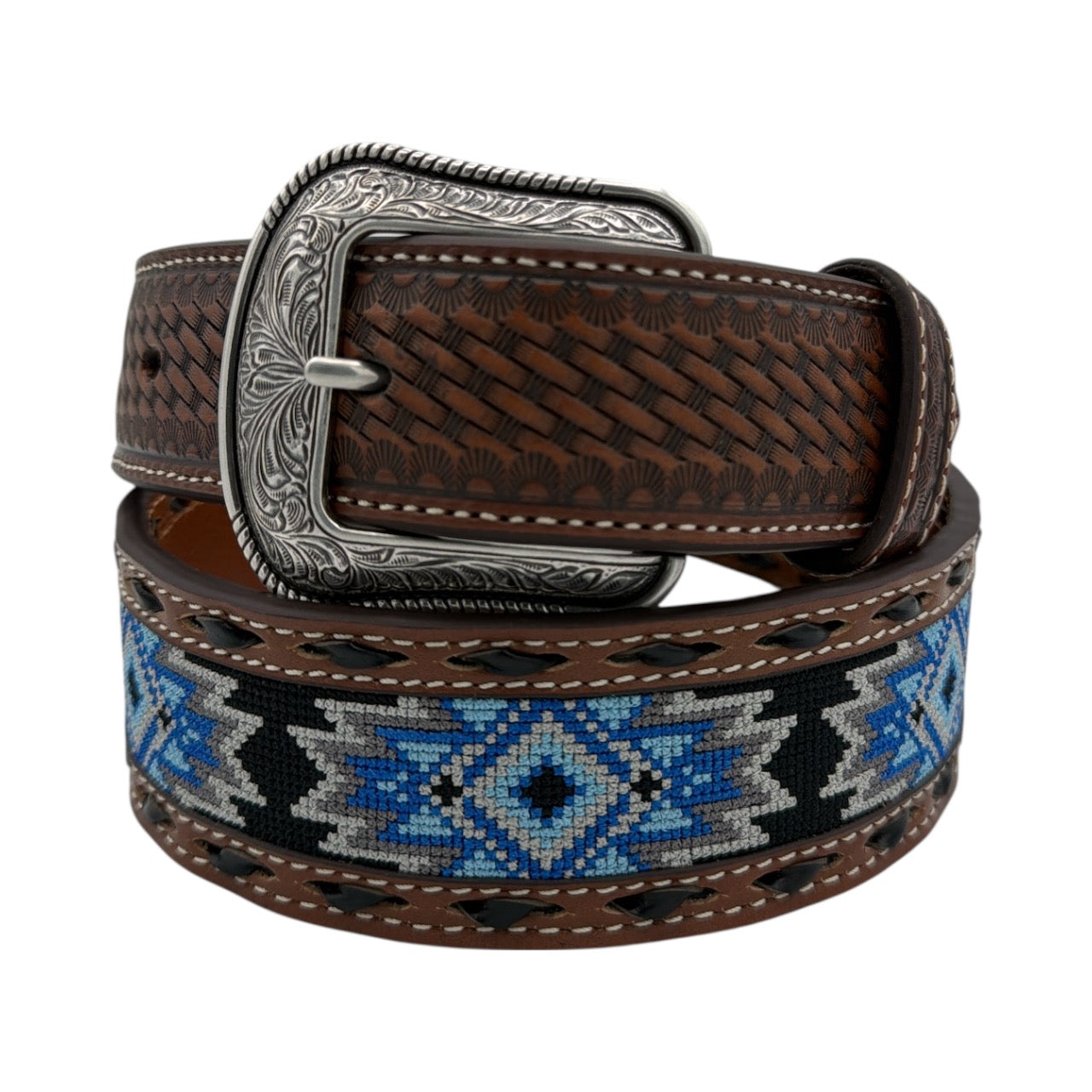 Brown leather western belt with blue diamond inlay, basket weave, and engraved antique silver buckle.