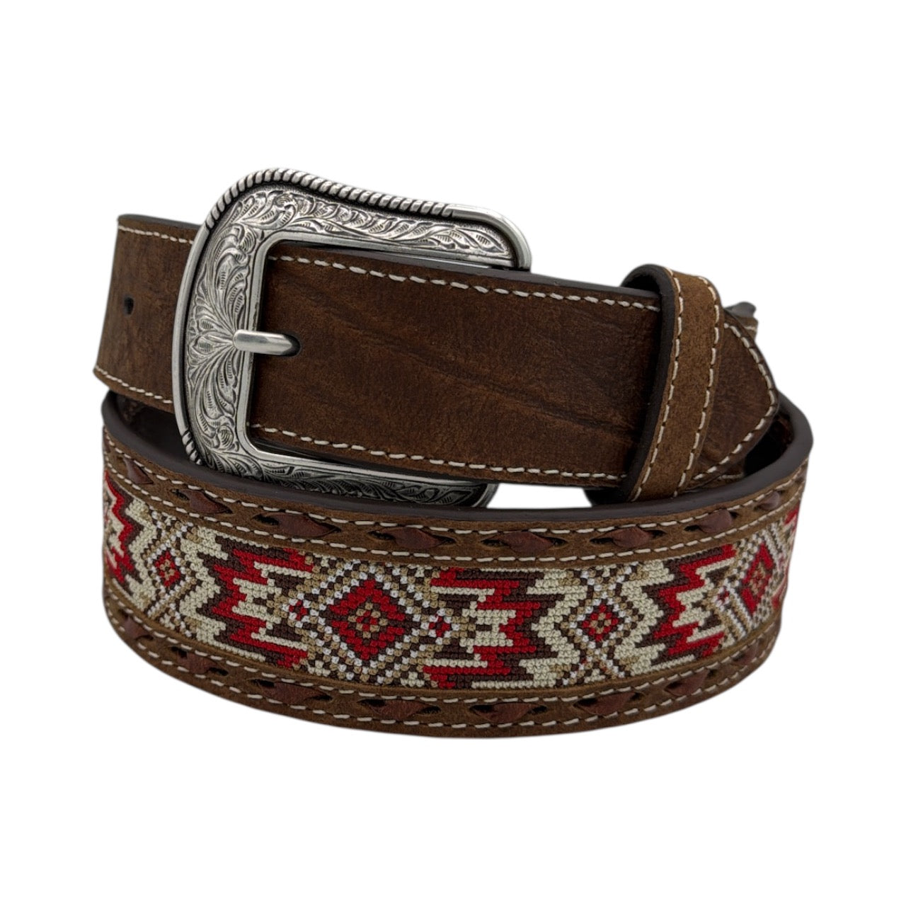 Brown leather western belt with embroidered southwest diamond inlay and engraved antique silver buckle.