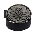 Angel Ranch black textured leather belt with gunmetal oval buckle, rope edge, clear and black crystal boot stitch.
