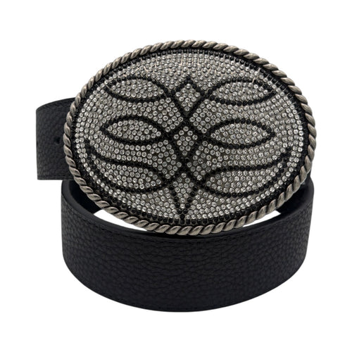 Angel Ranch black textured leather belt with gunmetal oval buckle, rope edge, clear and black crystal boot stitch.
