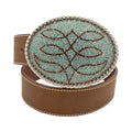 Tan crazy horse leather belt with antique silver oval buckle, green opal, and smoke topaz crystal boot stitch.