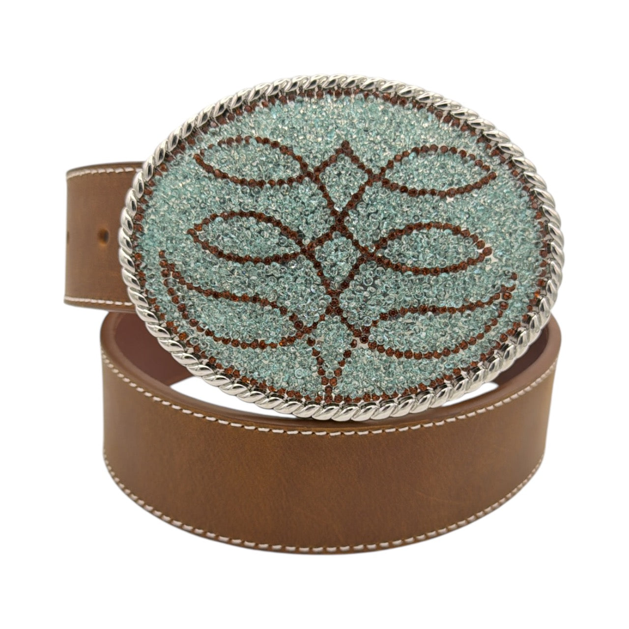 Tan crazy horse leather belt with antique silver oval buckle, green opal, and smoke topaz crystal boot stitch.