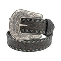 Black leather belt with floral embossing, gun metal diamond accents, black crystals, and an engraved buckle.