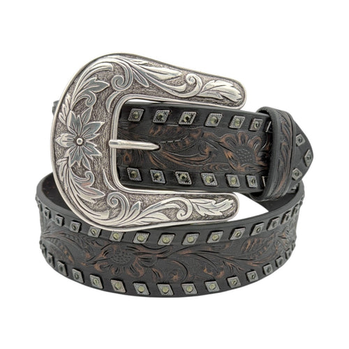 Black leather belt with floral embossing, gun metal diamond accents, black crystals, and an engraved buckle.