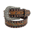 Brown leather belt with sunflower filigree, glitter turquoise underlay, and an antique silver floral buckle.