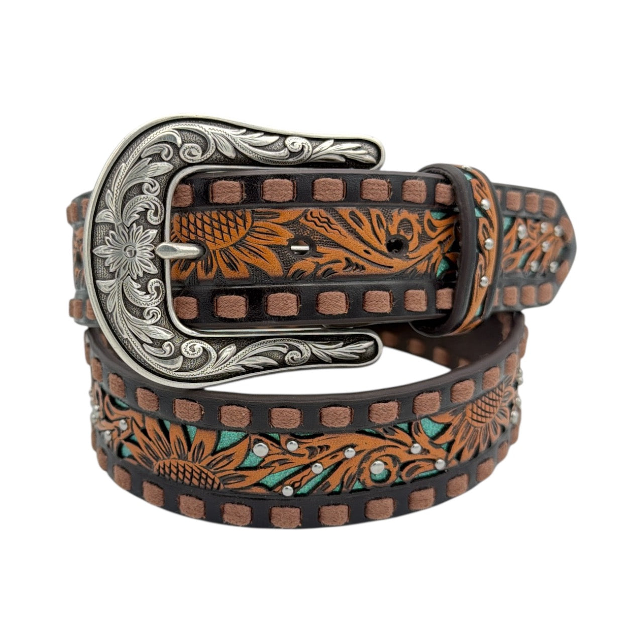 Brown leather belt with sunflower filigree, glitter turquoise underlay, and an antique silver floral buckle.