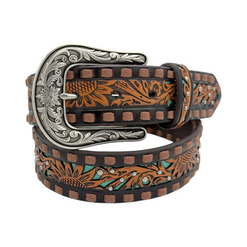 Brown leather belt with sunflower filigree, glitter turquoise underlay, and an antique silver floral buckle.