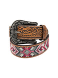 Angel Ranch ladies' genuine leather belt with pink, white, grey beaded inlay and floral engraved buckle.