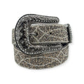 Angel Ranch black ladies belt with hematite beads, clear crystals, silver ball chain, and engraved gun metal buckle.