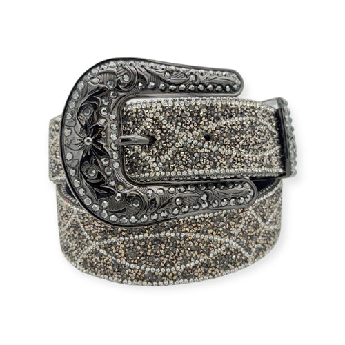 Angel Ranch black ladies belt with hematite beads, clear crystals, silver ball chain, and engraved gun metal buckle.