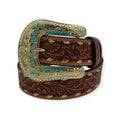 Tan leather belt with floral embossing, gold buck lacing, and a shiny gold buckle with turquoise and crystal inlays.