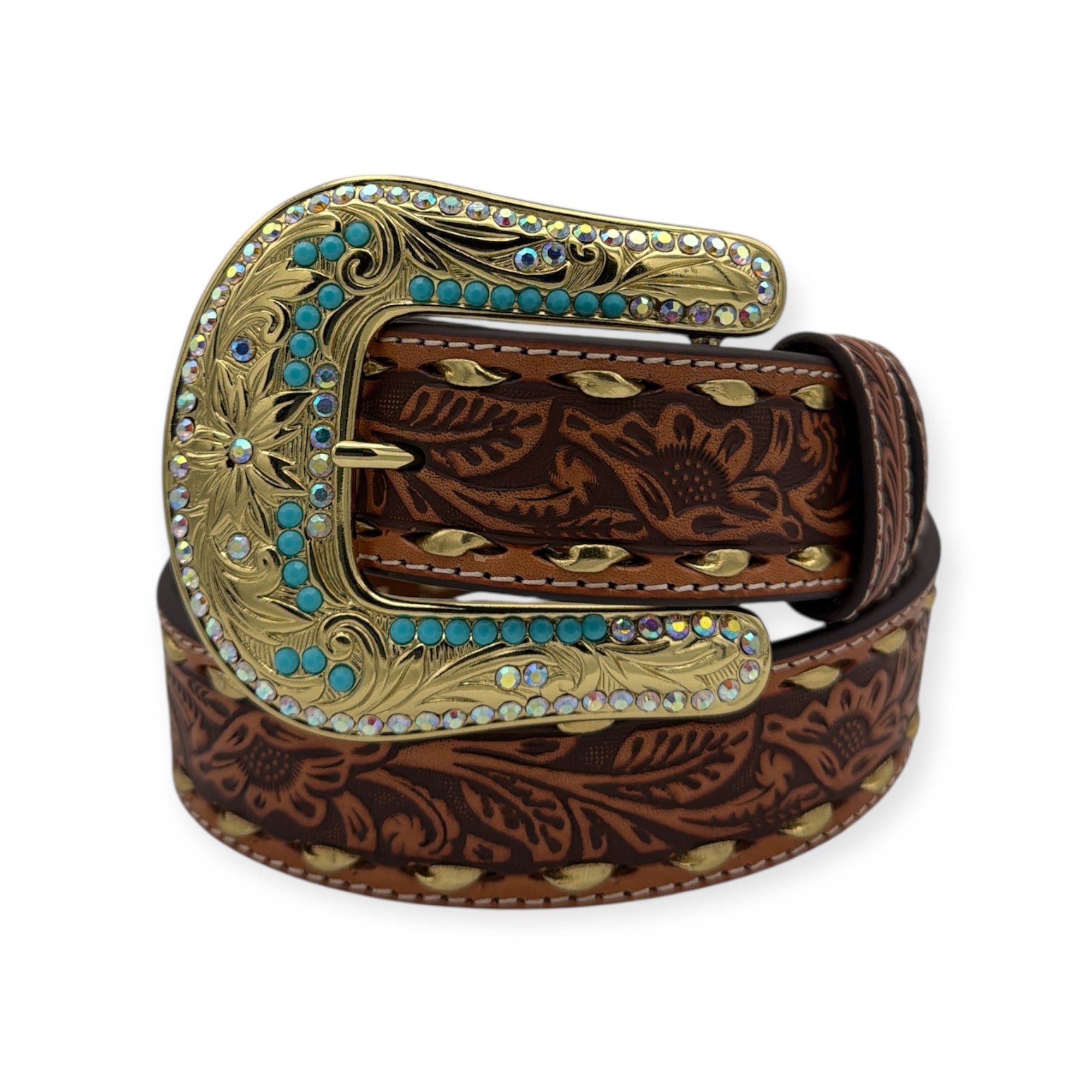 Tan leather belt with floral embossing, gold buck lacing, and a shiny gold buckle with turquoise and crystal inlays.