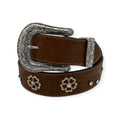 Ariat ladies brown leather belt with rhinestone flower design, conchos, and ornate silver buckle.