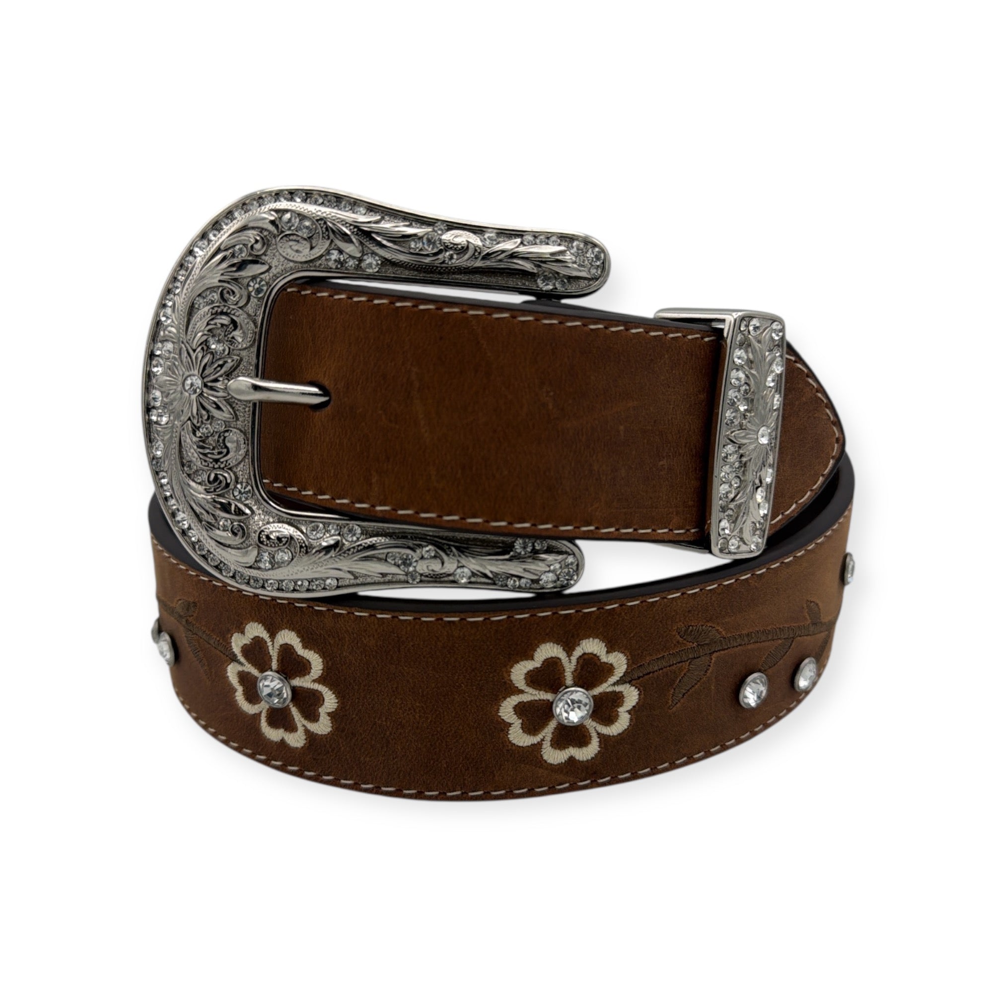 Ariat ladies brown leather belt with rhinestone flower design, conchos, and ornate silver buckle.