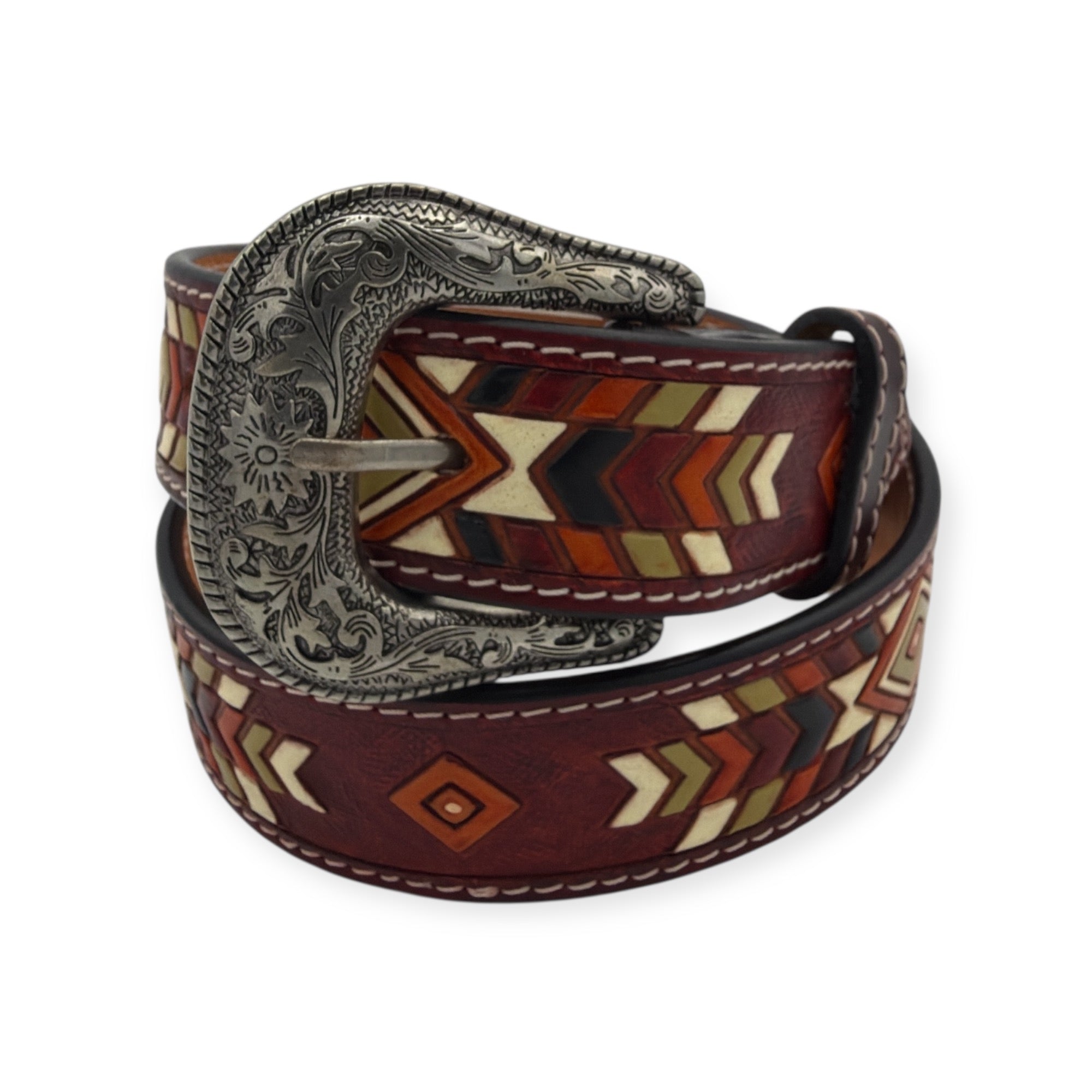 Ariat ladies' 1 1/2" wide brown leather belt with hand-tooled southwest multi-color pattern and antique silver buckle.