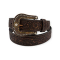 Ariat ladies' 1 1/2" brown floral embossed leather belt with antique copper buckle, stones, and crystals.