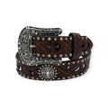 Ariat ladies' fashion belt: brown leather with embossed pattern, rhinestone conchos, and silver buckle.