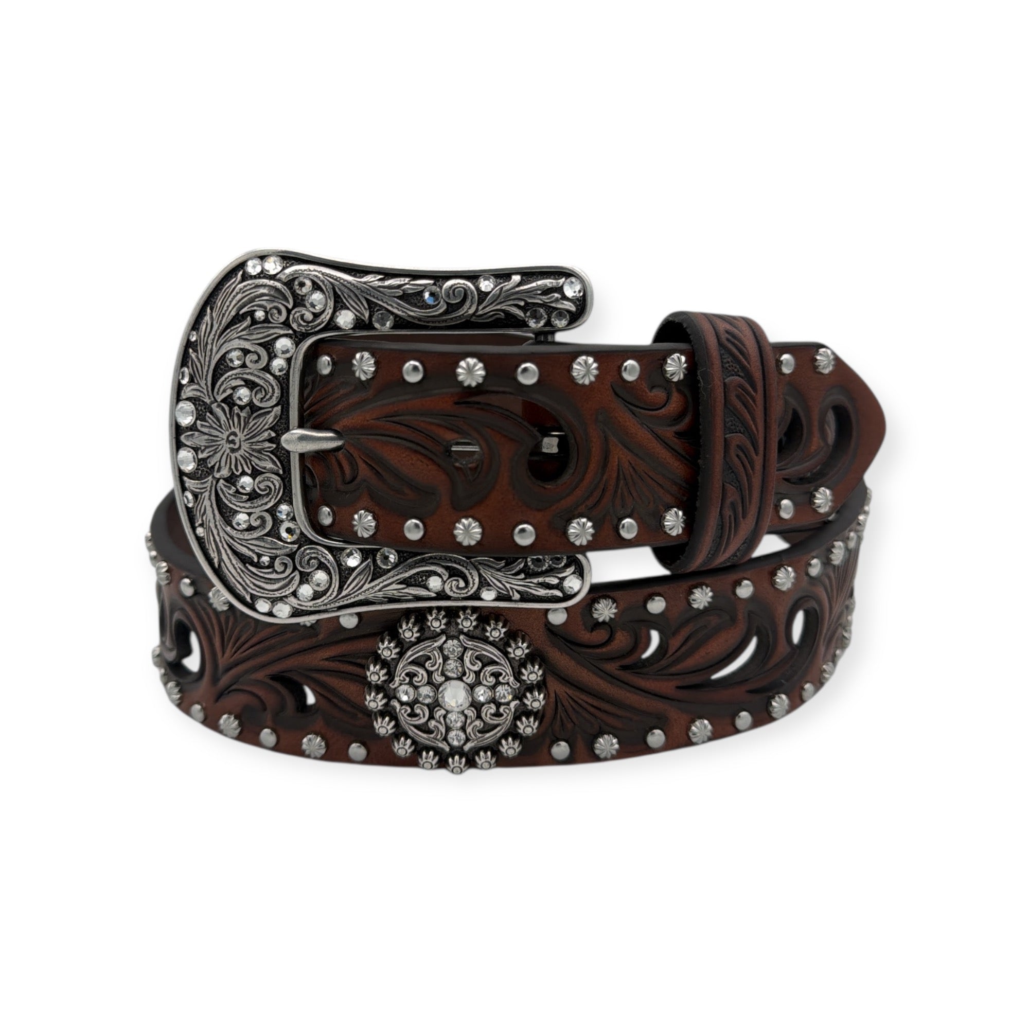 Ariat ladies' fashion belt: brown leather with embossed pattern, rhinestone conchos, and silver buckle.
