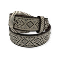 White genuine leather Ariat ladies belt with southwestern embossed pattern, stud accents, and antique silver buckle.