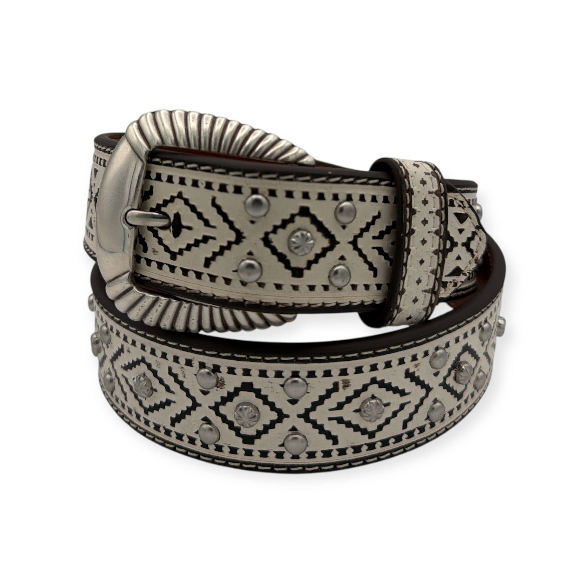 White genuine leather Ariat ladies belt with southwestern embossed pattern, stud accents, and antique silver buckle.