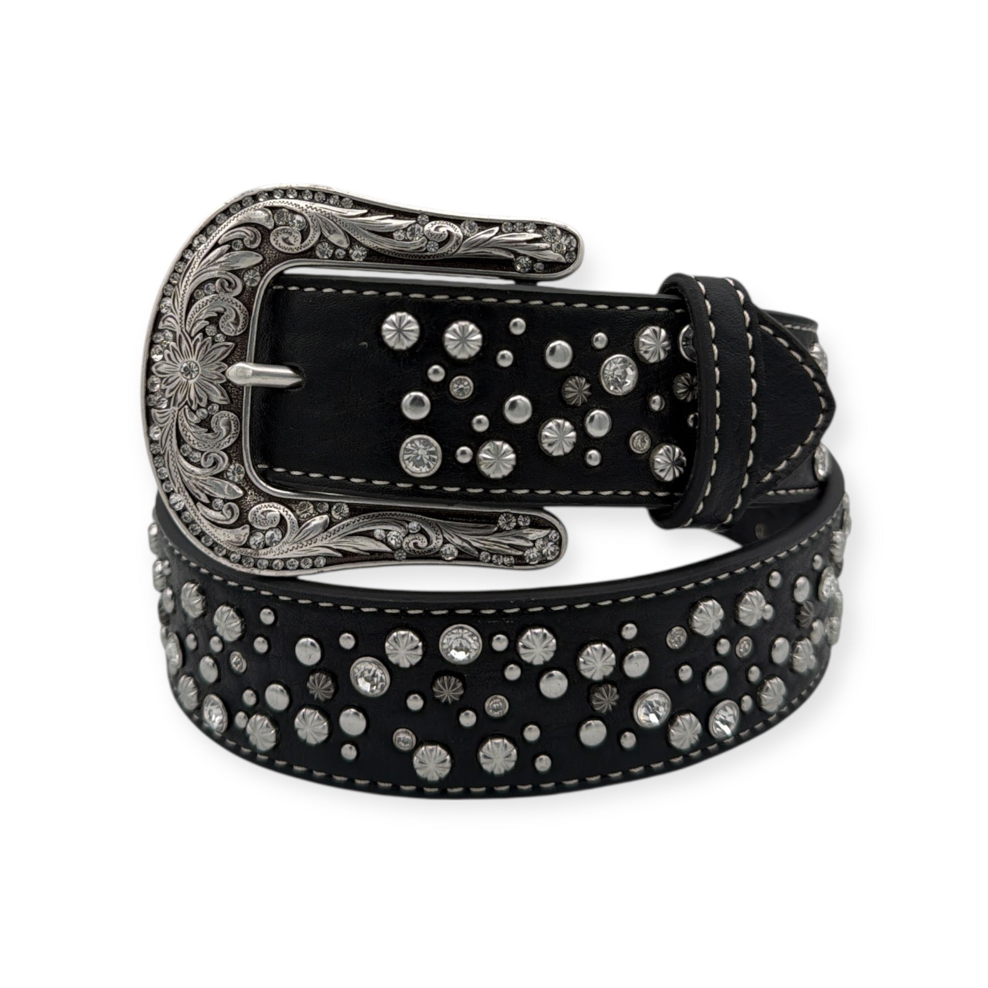 Ariat black leather ladies belt with ornate silver buckle, nailheads, and rhinestones.