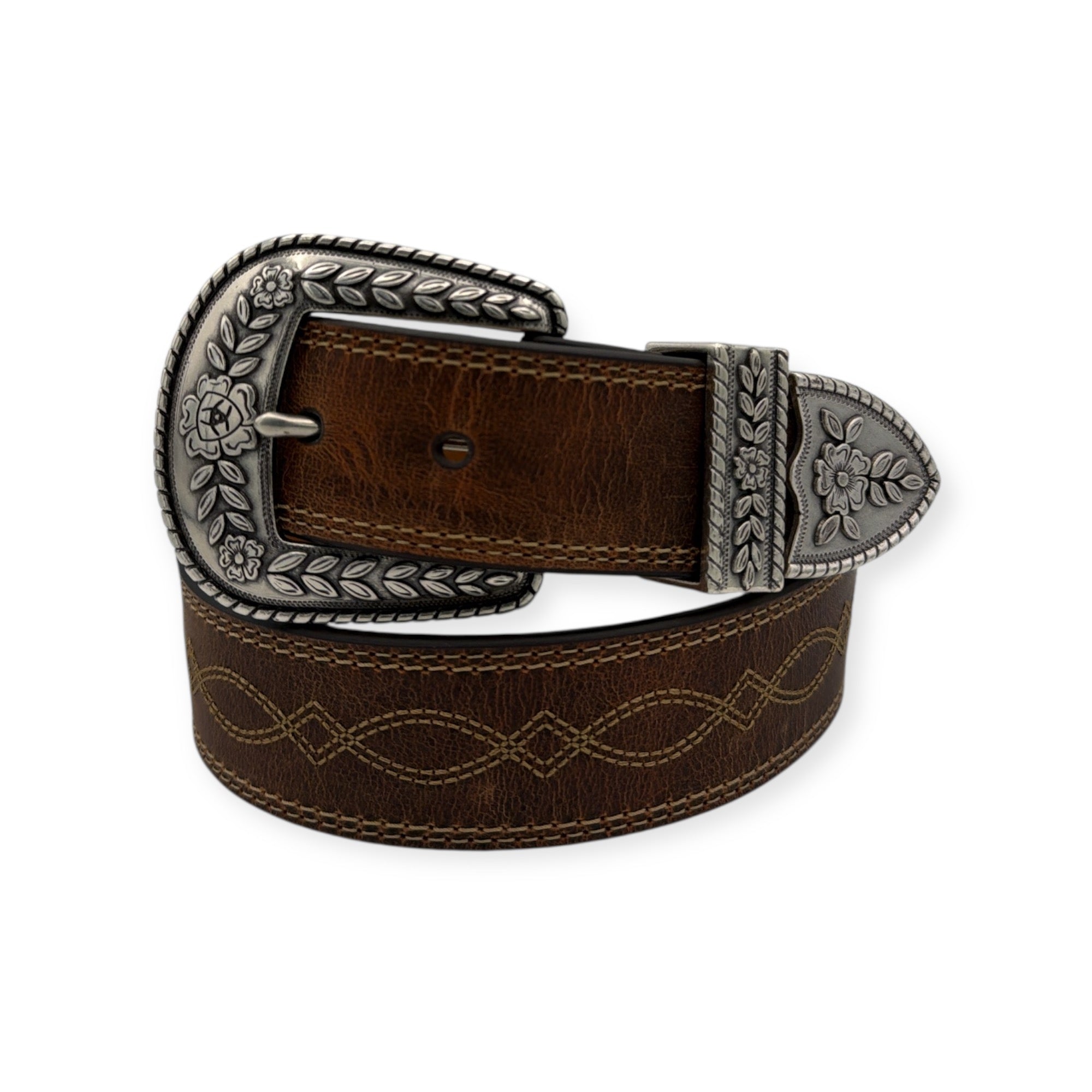 Brown full-grain leather Ariat belt with intricate floral antiqued silver buckle and decorative stitching.