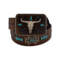 Dark brown genuine leather Ariat ladies belt with southwest pattern, blue arrows, and cow skull buckle.