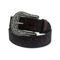 Ariat ladies' brown genuine leather belt with laser-cut paisley pattern and antique silver floral buckle.