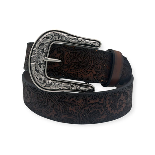 Ariat ladies' brown genuine leather belt with laser-cut paisley pattern and antique silver floral buckle.