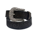 Black genuine leather Ariat ladies belt with laser-cut paisley pattern and antique silver floral buckle.