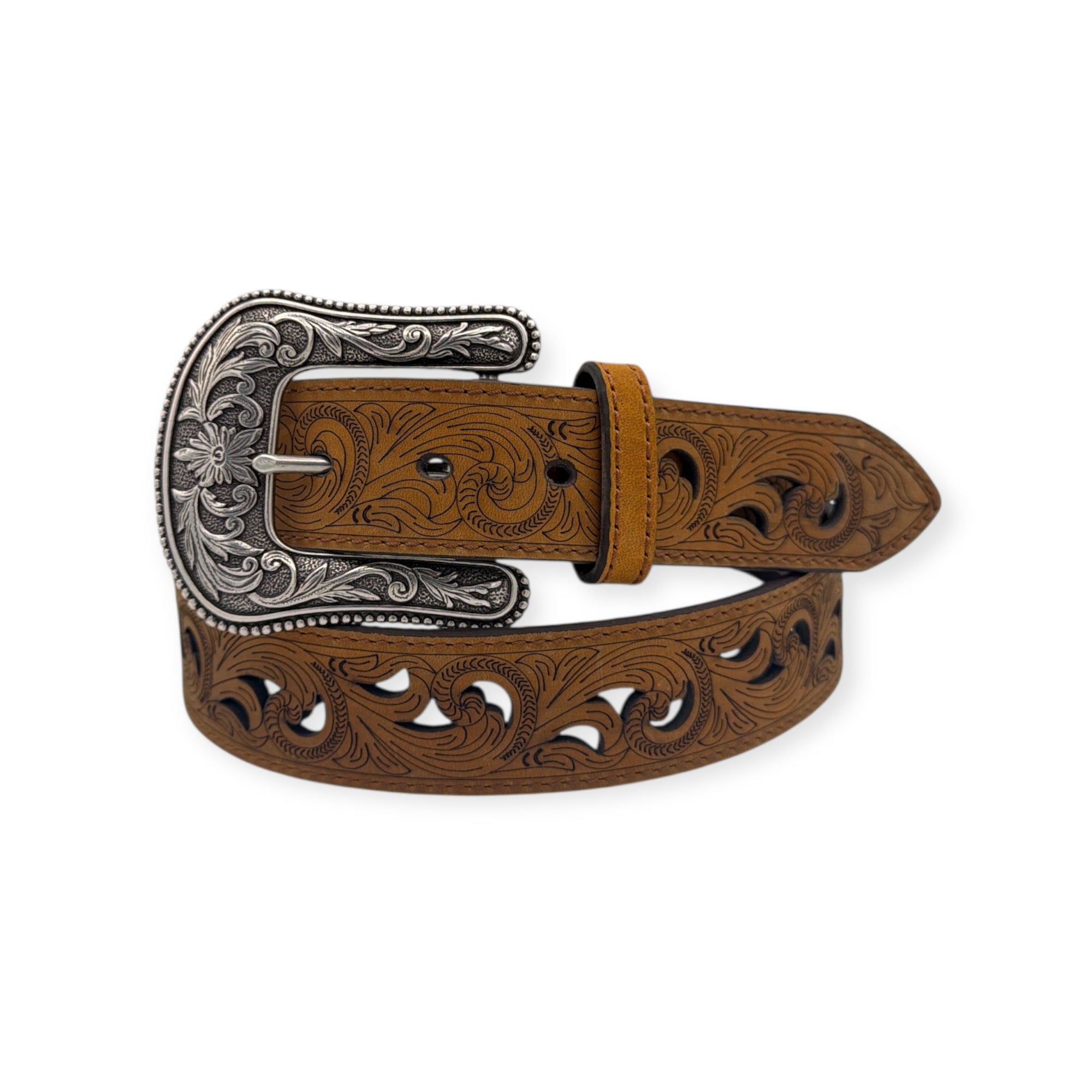 Ariat ladies brown leather belt with printed paisley scroll work, cutout design, and an ornate silver buckle.