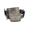 Ariat black embossed leather belt with alternating antique silver oval and rectangle conchos.