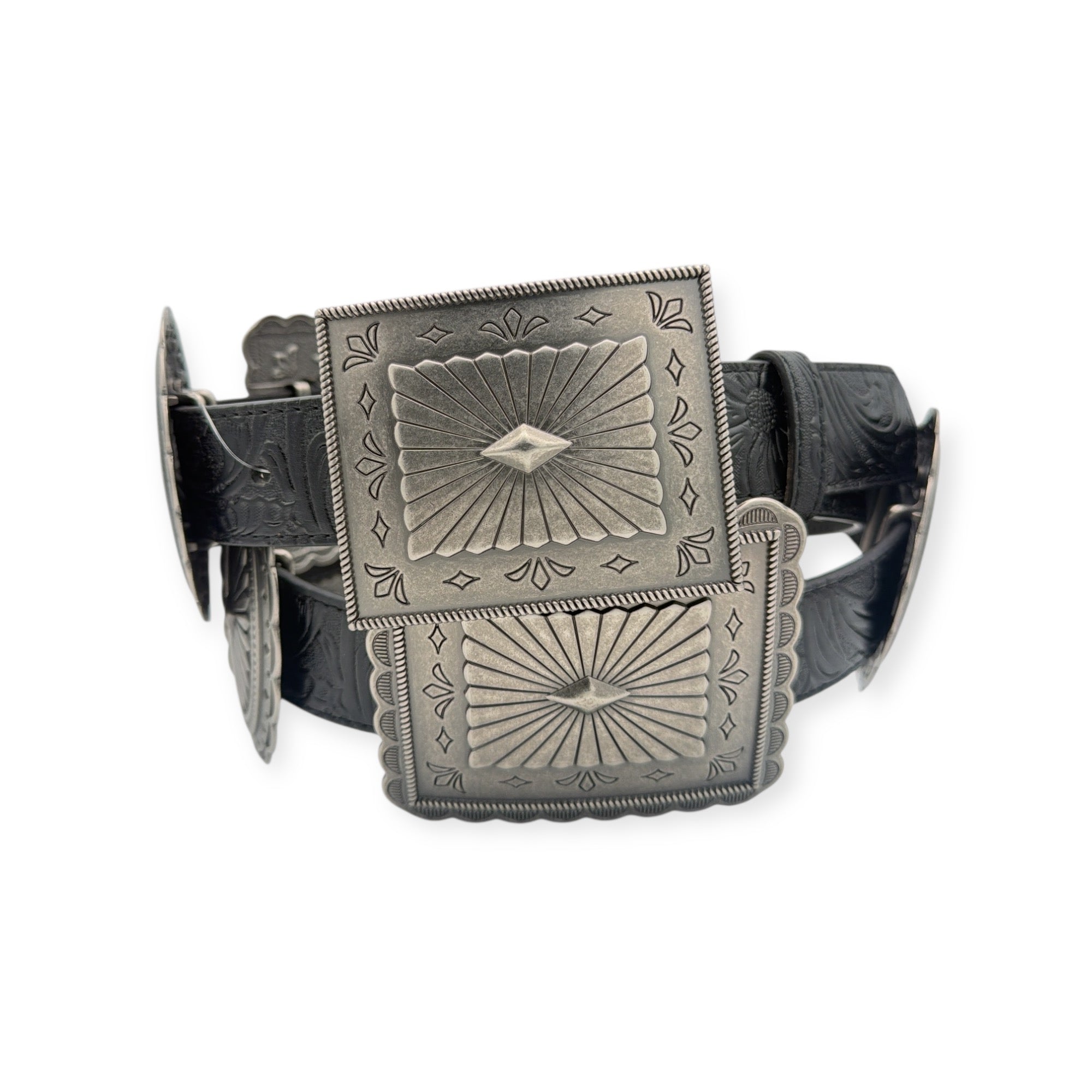 Ariat black embossed leather belt with alternating antique silver oval and rectangle conchos.