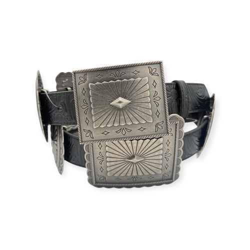 Ariat black embossed leather belt with alternating antique silver oval and rectangle conchos.