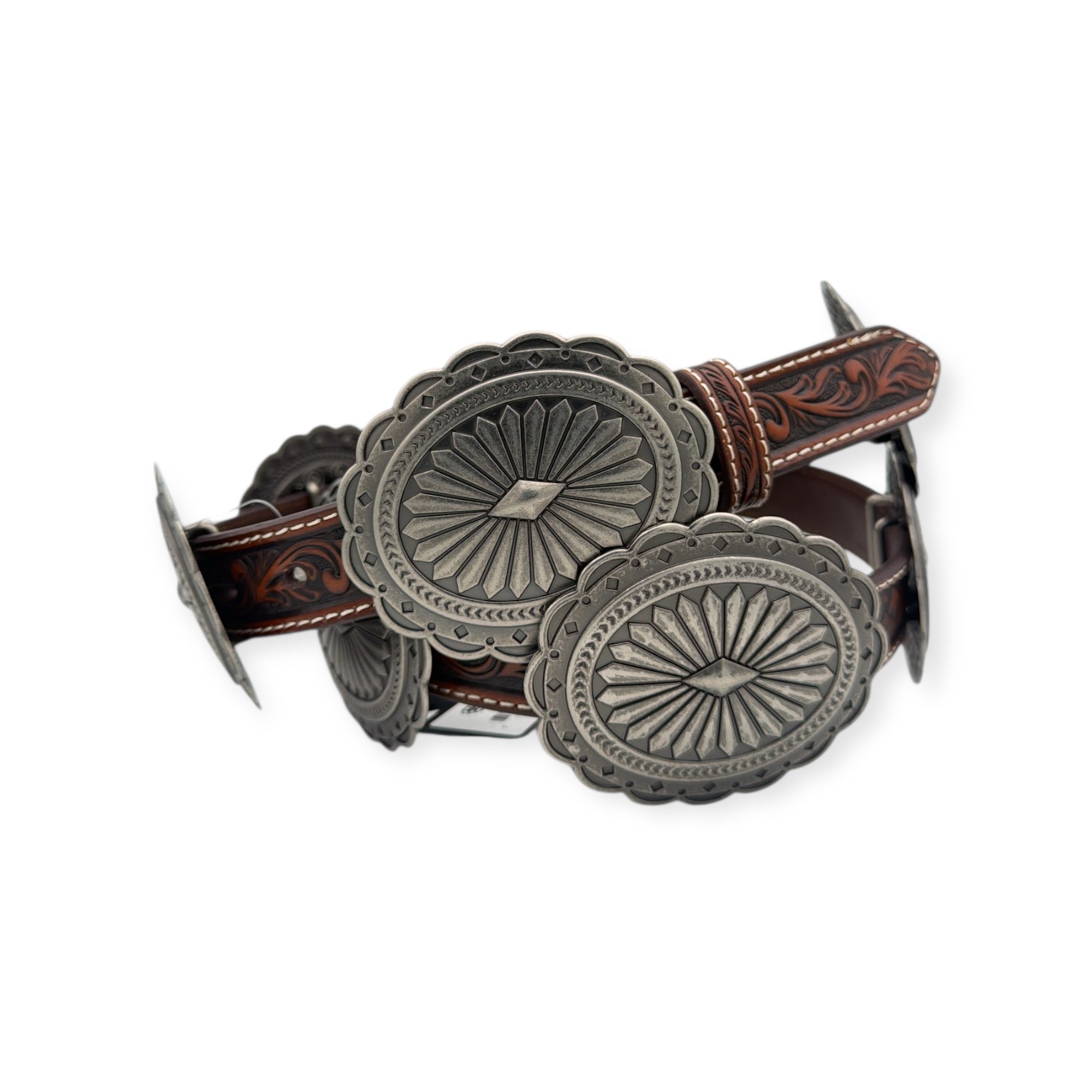 Tan floral embossed leather Ariat ladies belt with large oval silver conchos and buckle.
