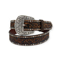 Ariat ladies' brown embossed leather western belt with silver buckle and nailhead studs.