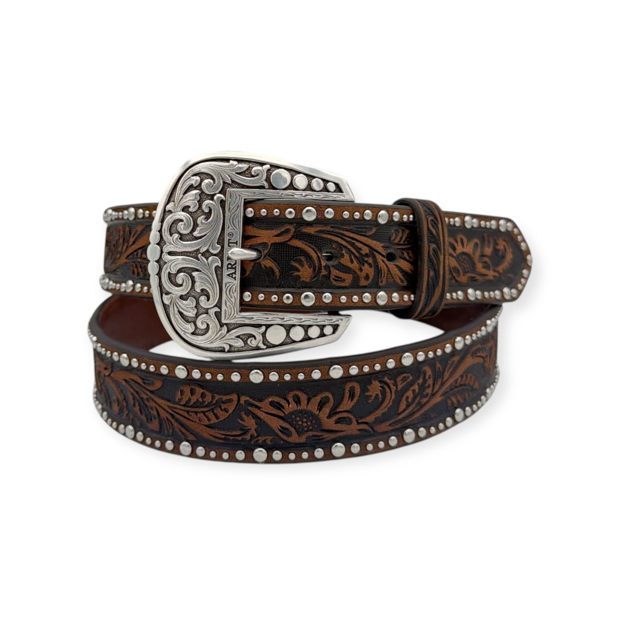 Ariat ladies' brown embossed leather western belt with silver buckle and nailhead studs.